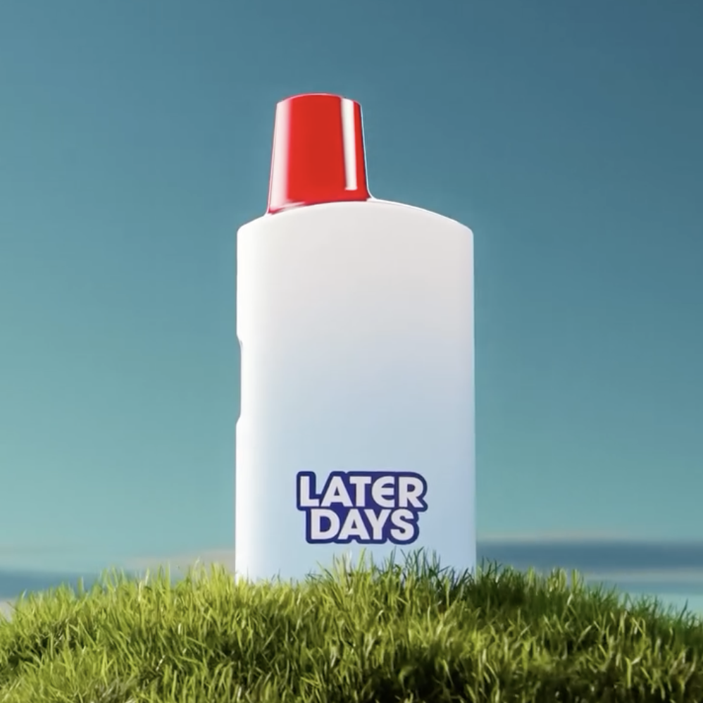Later Days red cap disposable vape standing on grass with ocean and blue sky in NJ
