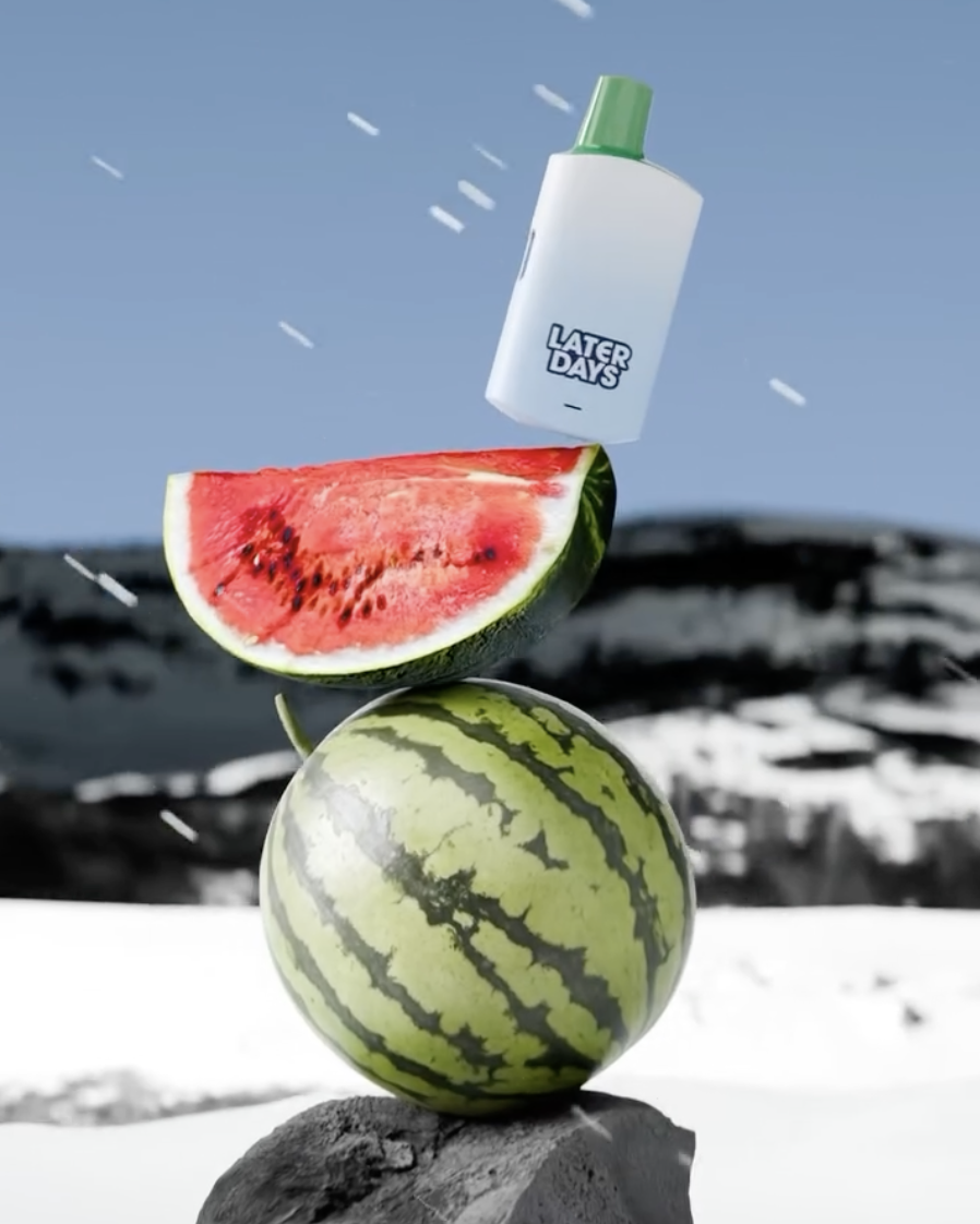 Later Days watermelon ice vape with frozen fruit and snowflakes in New Jersey