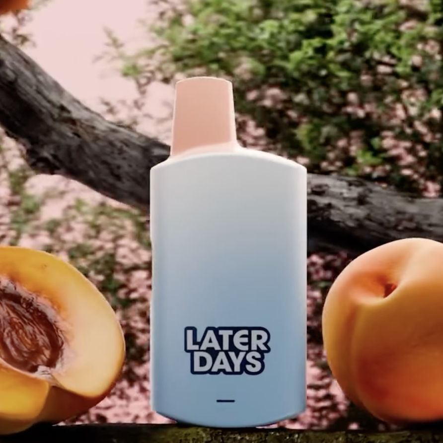 Later Days peach flavor vape with a sliced peach on a natural rock surface in NJ