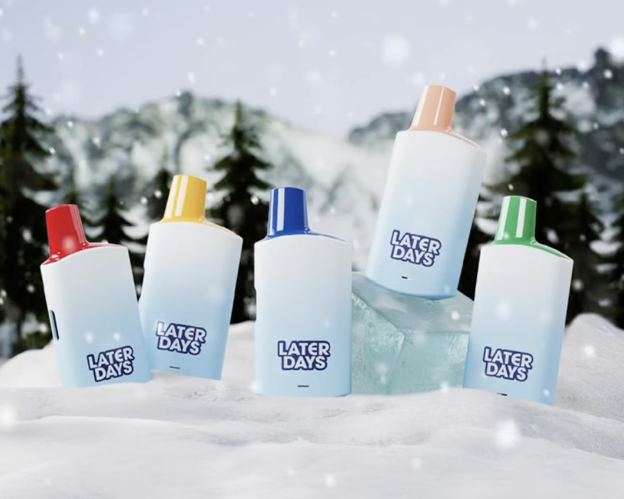 Later Days full flavor lineup of disposable vapes in a snowy mountain setting in New Jersey